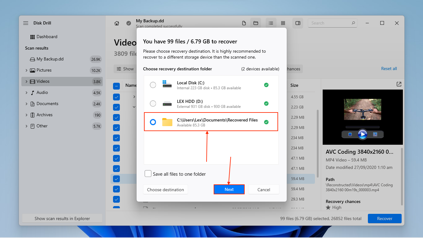 Choosing a save location for the files recovered by Disk Drill