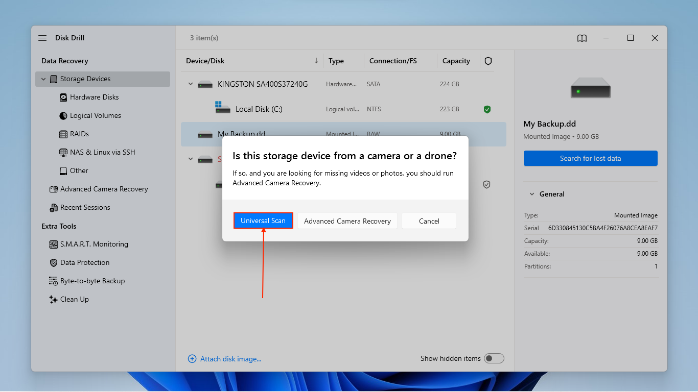 Choosing the Universal Scan type in Disk Drill