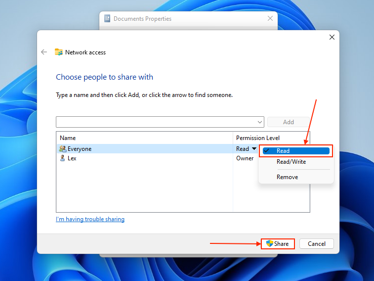 Modifying the read and write permissions for the Documents folder