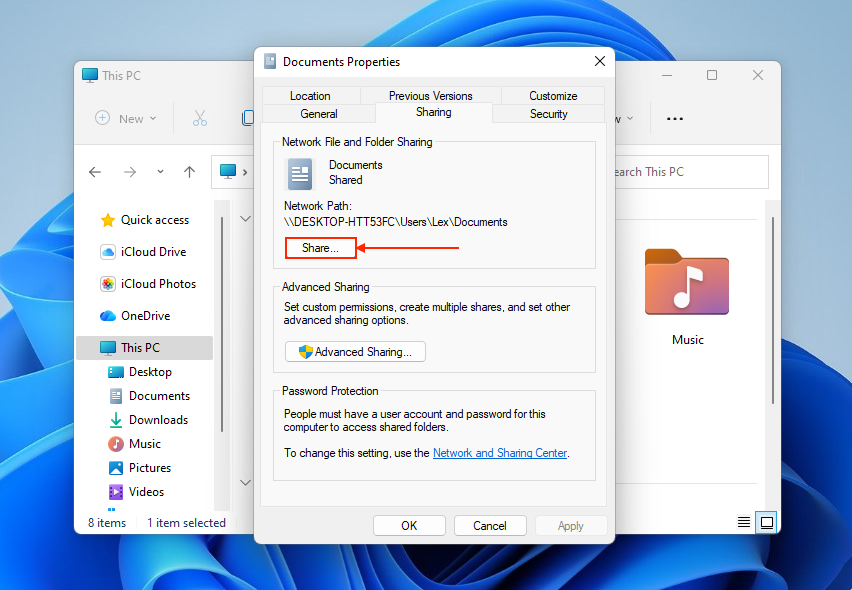 Modifying the sharing properties of the Documents folder