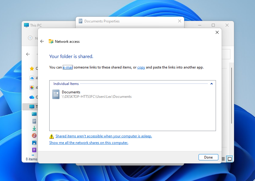 Success dialog for the network access modifications of the Documents folder
