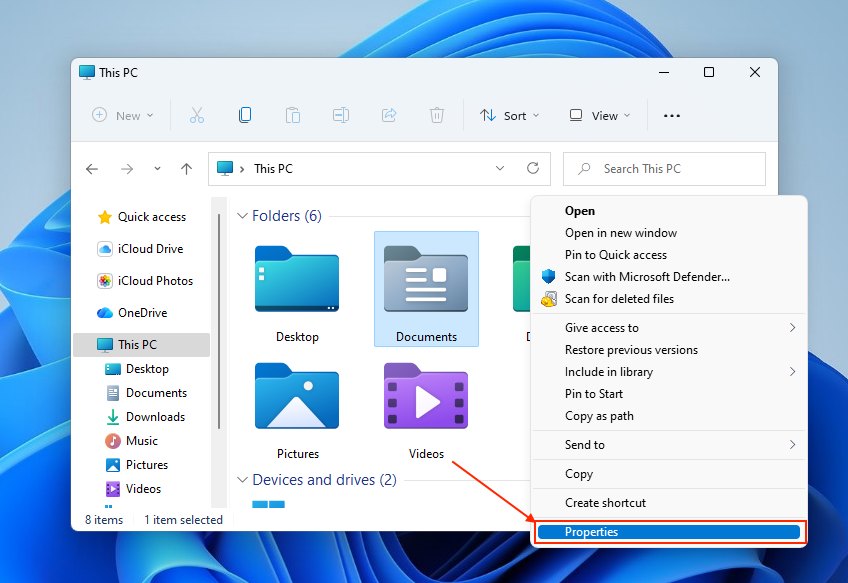 Choosing the 'Properties' option in the File Explorer right click menu for Documents