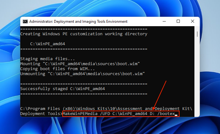 Running the command the build Windows PE