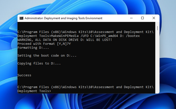 Windows PE build success notification