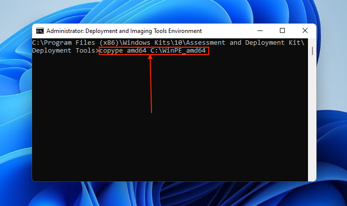 Running the command to create the files for building WinPE
