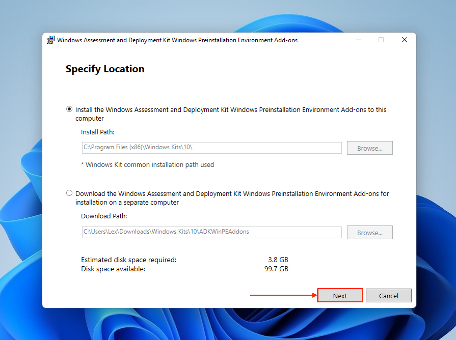 Starting the Windows PE installation wizard