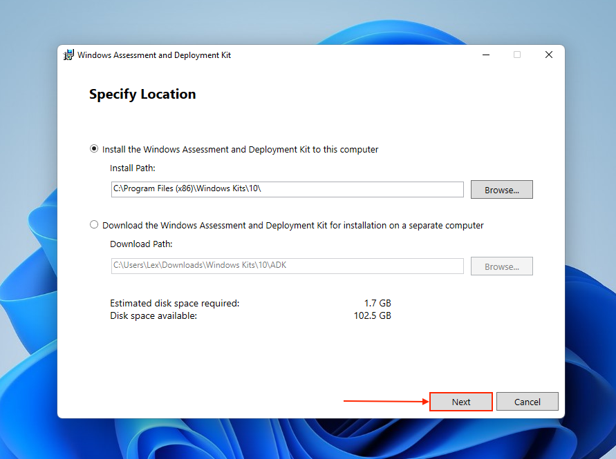 Starting the installation wizard for Windows ADK