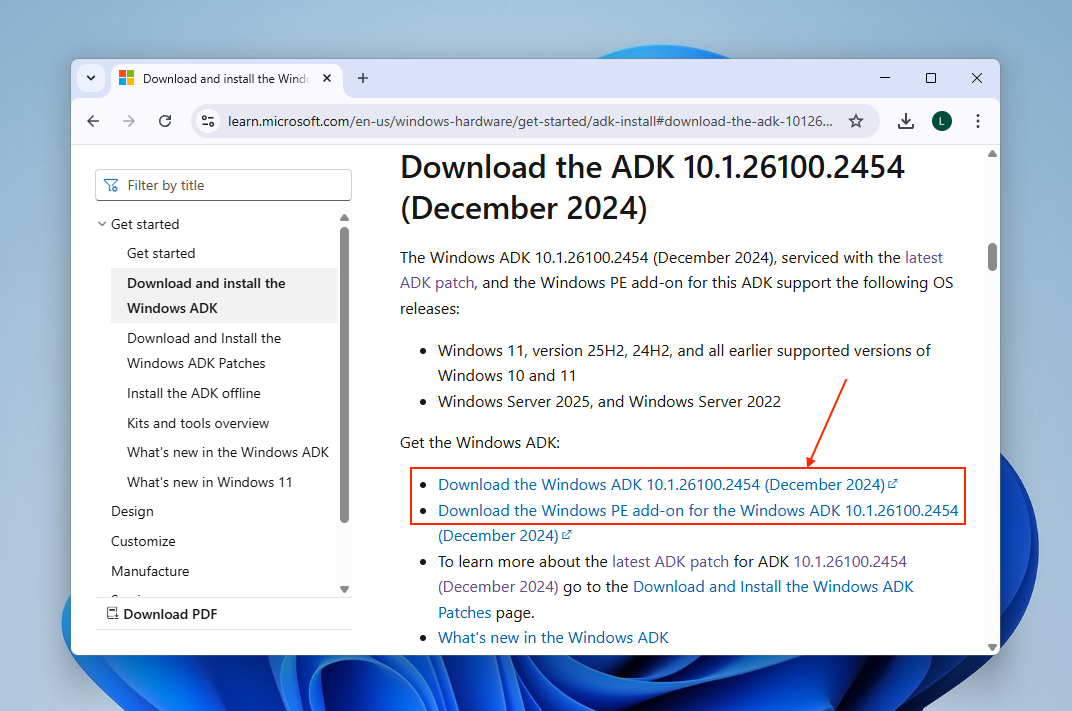 Windows ADK and WinPE download links on the Microsoft Website