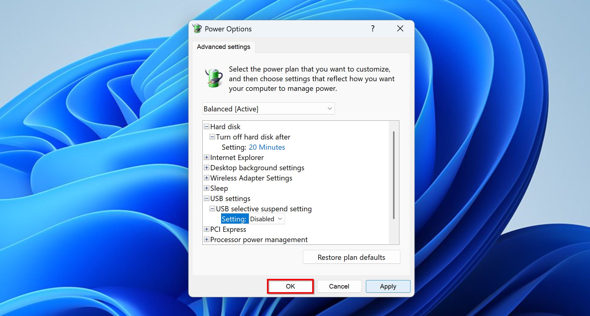 The OK button in the advanced power settings window.